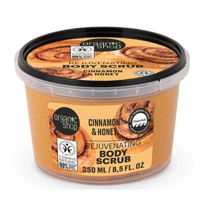 Organic Shop Cinnamon & Honey Rejuvenating Body Scrub in a 250ml clear tub