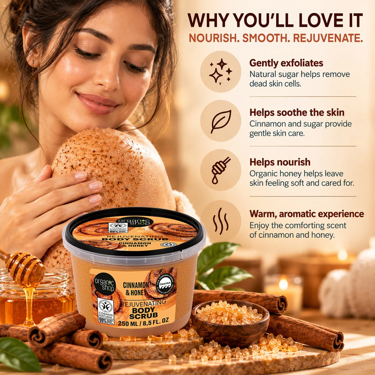 Organic Shop Cinnamon & Honey Rejuvenating Body Scrub for exfoliating and nourishing skin.