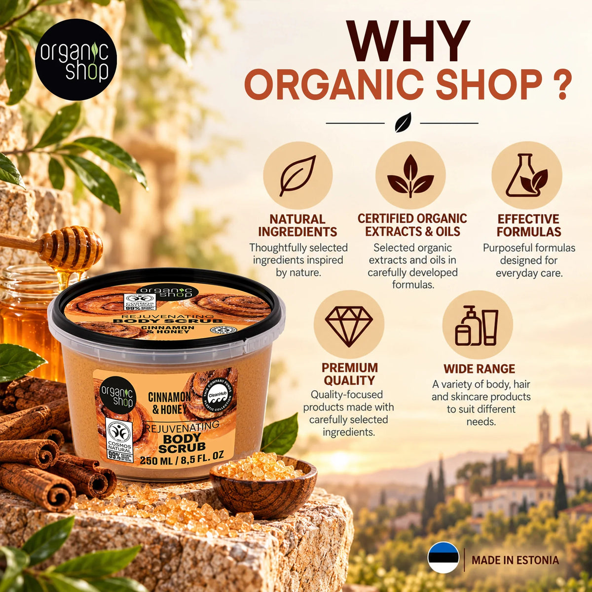 Organic Shop Cinnamon & Honey Rejuvenating Body Scrub in a jar with natural ingredients.