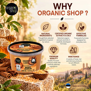 Organic Shop Cinnamon & Honey Rejuvenating Body Scrub in a jar with natural ingredients.