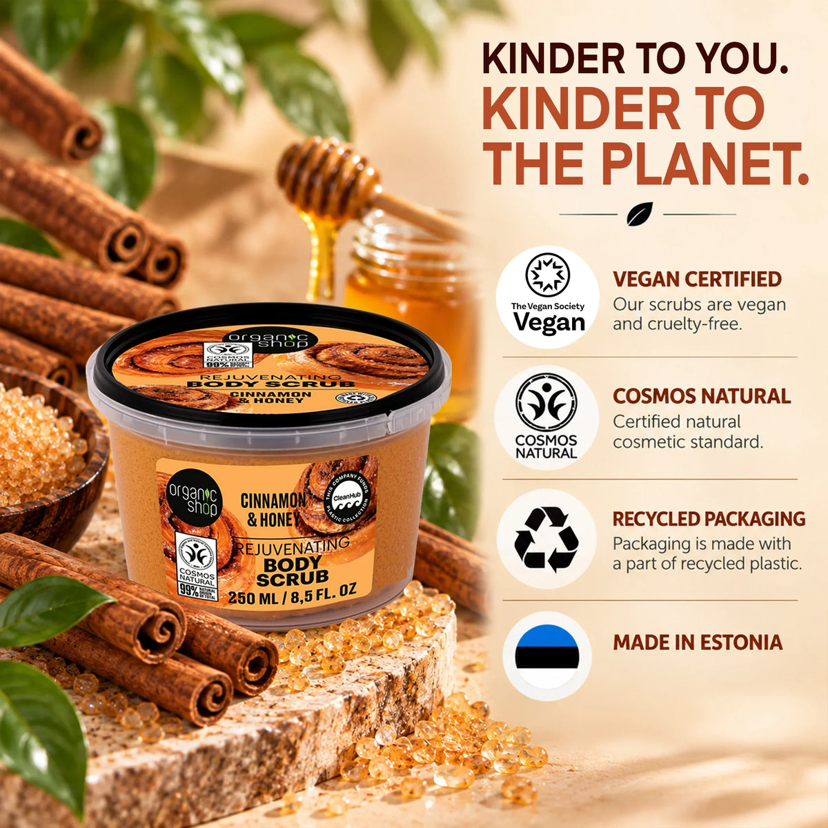Organic Shop Cinnamon & Honey Rejuvenating Body Scrub with cinnamon sticks and honey.