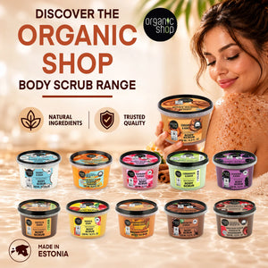 Organic Shop body scrub range featuring various scents like coffee, mango, and cinnamon.