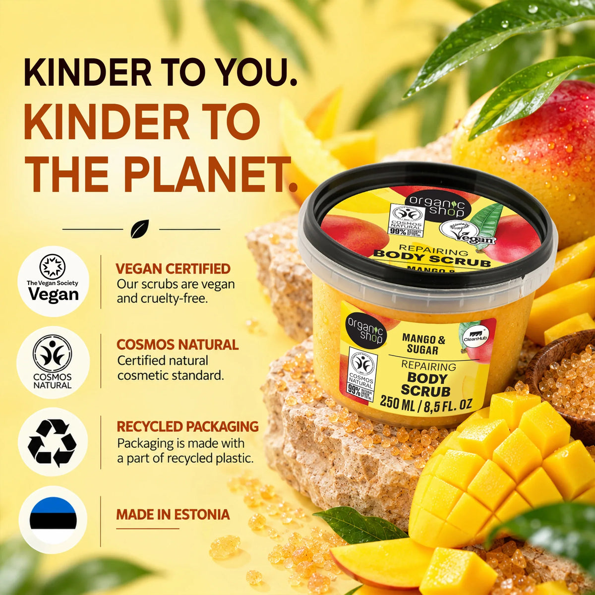 Organic Shop Mango and Sugar Repairing Body Scrub jar with fresh mango and sugar crystals.