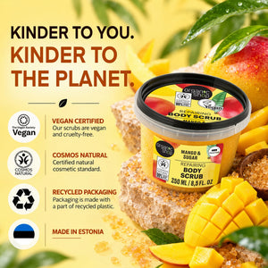 Organic Shop Mango and Sugar Repairing Body Scrub jar with fresh mango and sugar crystals.