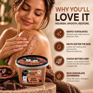 Organic Shop Cocoa Butter & Sugar Softly Restoring Body Scrub with ingredients and benefits.