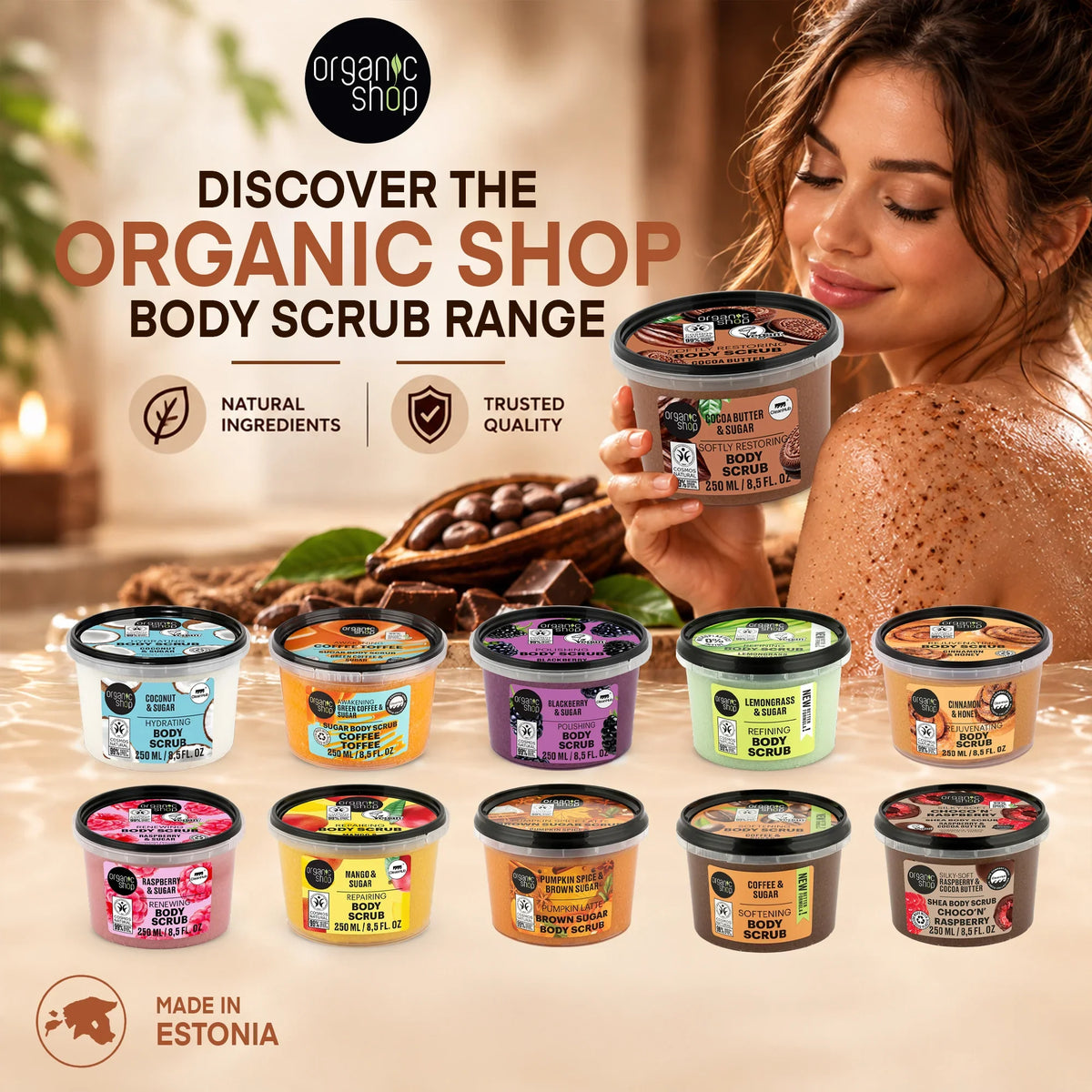 Organic Shop body scrub range featuring various scented tubs and a woman applying the product.