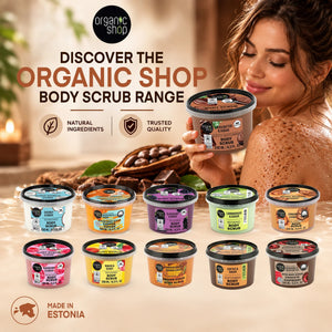 Organic Shop body scrub range featuring various scented tubs and a woman applying the product.