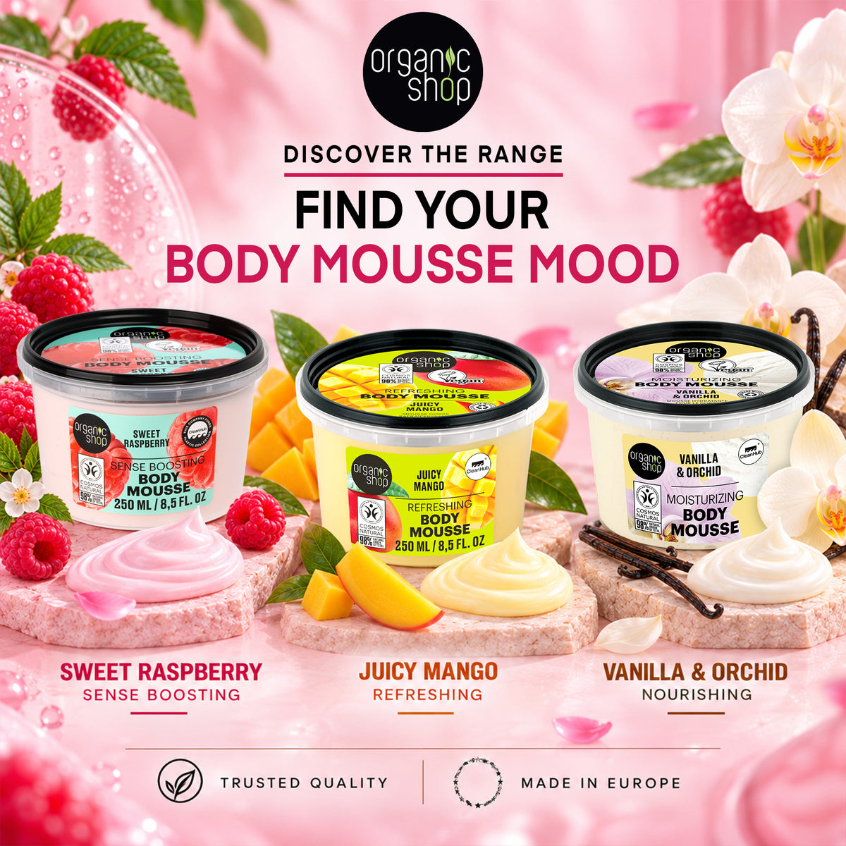 Organic Shop Sense Boosting Body Mousse Sweet Raspberry, 250 ml