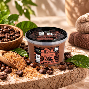 Organic Shop Coffee and Natural Sugar Softening Body Scrub in a 250ml tub with coffee beans.