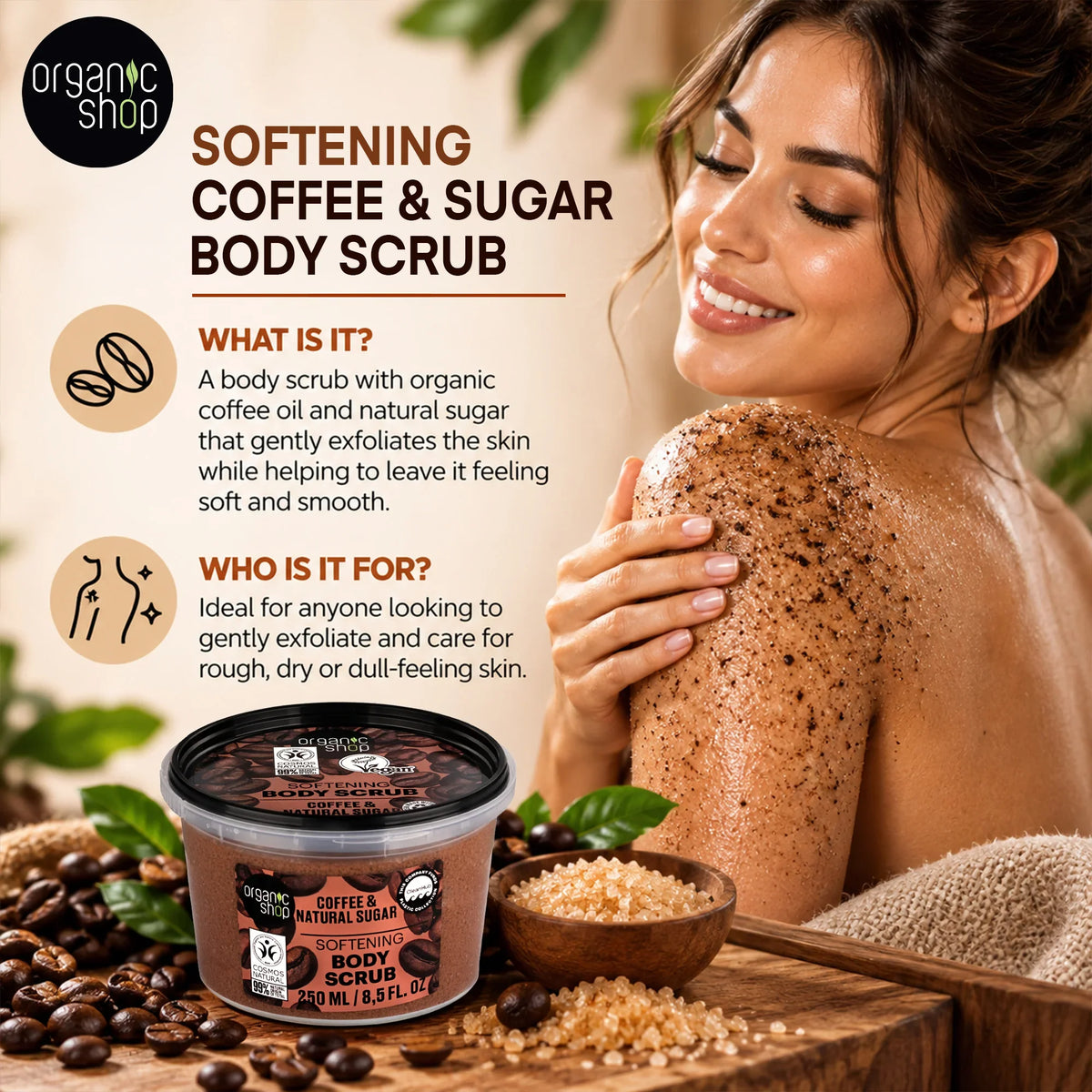 Organic Shop Softening Coffee & Sugar Body Scrub for exfoliating skin