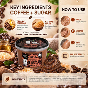 Infographic for Organic Shop Coffee and Natural Sugar Softening Body Scrub showing ingredients and usage.