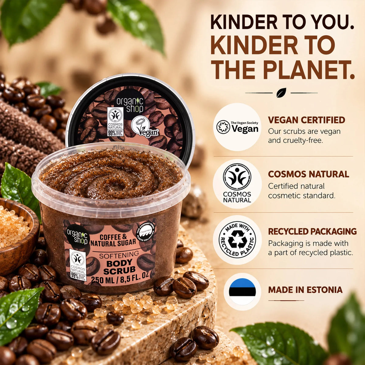 Organic Shop Coffee and Natural Sugar Softening Body Scrub in a clear tub surrounded by coffee beans.