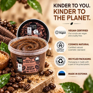 Organic Shop Coffee and Natural Sugar Softening Body Scrub in a clear tub surrounded by coffee beans.