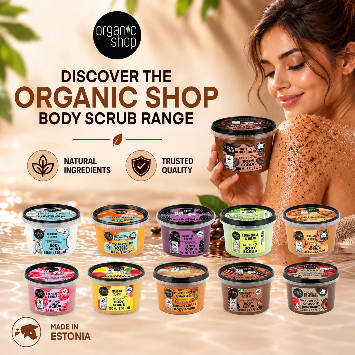 Organic Shop body scrub range with various natural ingredient flavors in colorful tubs.
