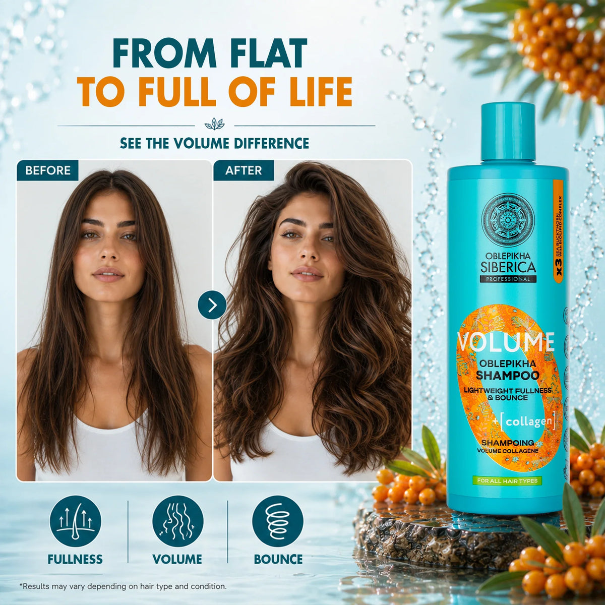 Oblepikha Siberica Volume Shampoo before and after comparison for hair fullness and bounce.