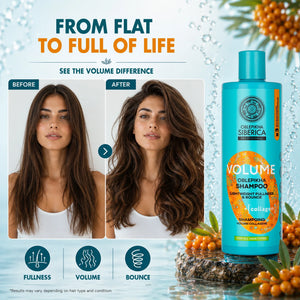 Oblepikha Siberica Volume Shampoo before and after comparison for hair fullness and bounce.