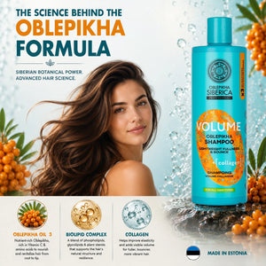 Oblepikha Siberica Professional Volume Shampoo with collagen for all hair types.