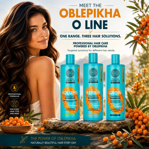 Oblepikha O Line professional hair care shampoo range for volume, repair, and growth.