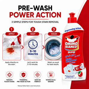 Omino Bianco Pre-Wash Stain Remover for tough stains, safe on fabrics, works in all washes