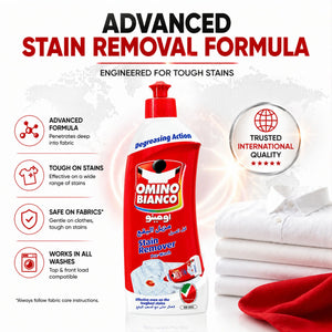 Omino Bianco Stain Remover Pre-Wash with advanced formula for tough stains, safe on fabrics, works in all washes