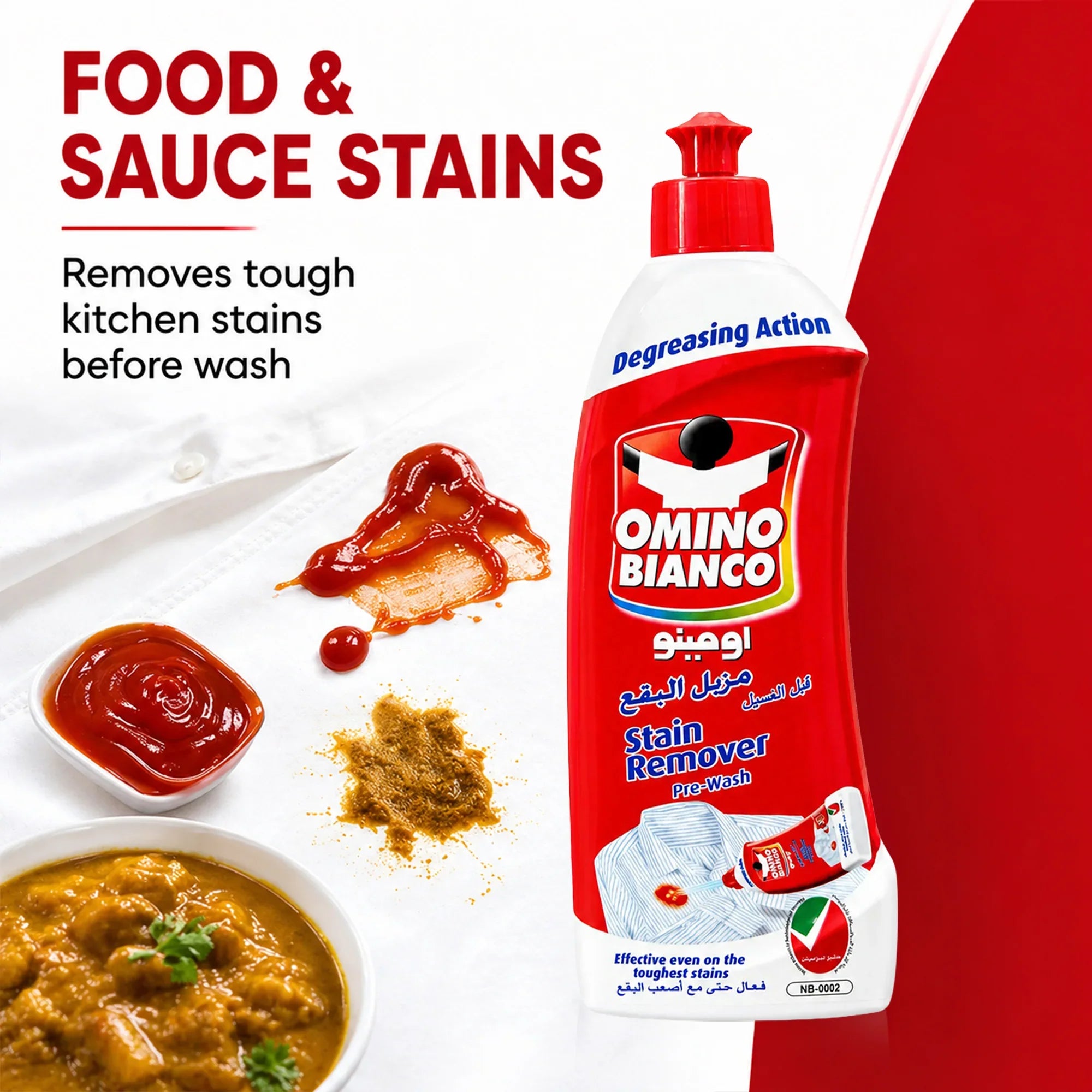 Omino Bianco stain remover for food & sauce stains, pre-wash degreasing action on tough kitchen stains