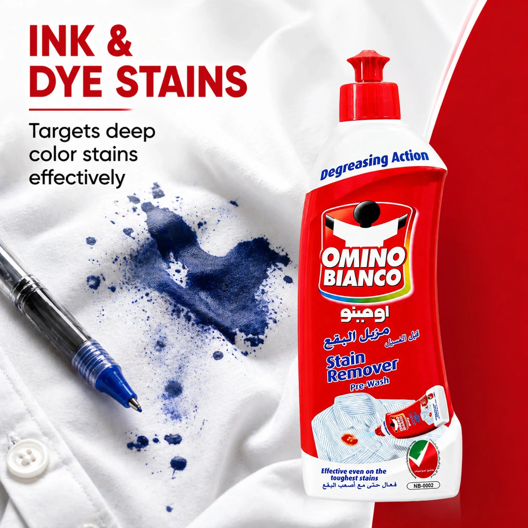 Omino Bianco stain remover for ink and dye stains on white shirts, effective pre-wash solution