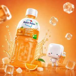 Mogu Mogu Orange juice drink with nata de coco, 320ml bottle, ice cubes, and cute character on orange background
