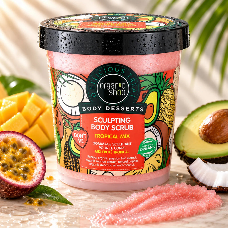 Organic Shop Sculpting Body Scrub Tropical Mix in a pink container with tropical fruits.