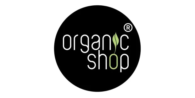 Organic Shop logo featuring a white minimalist font and a green leaf icon on a black circular background