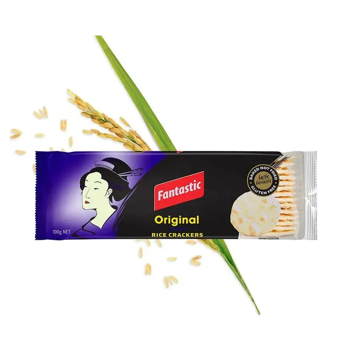 Fantastic Original rice crackers pack with Asian woman illustration and rice grains on white background