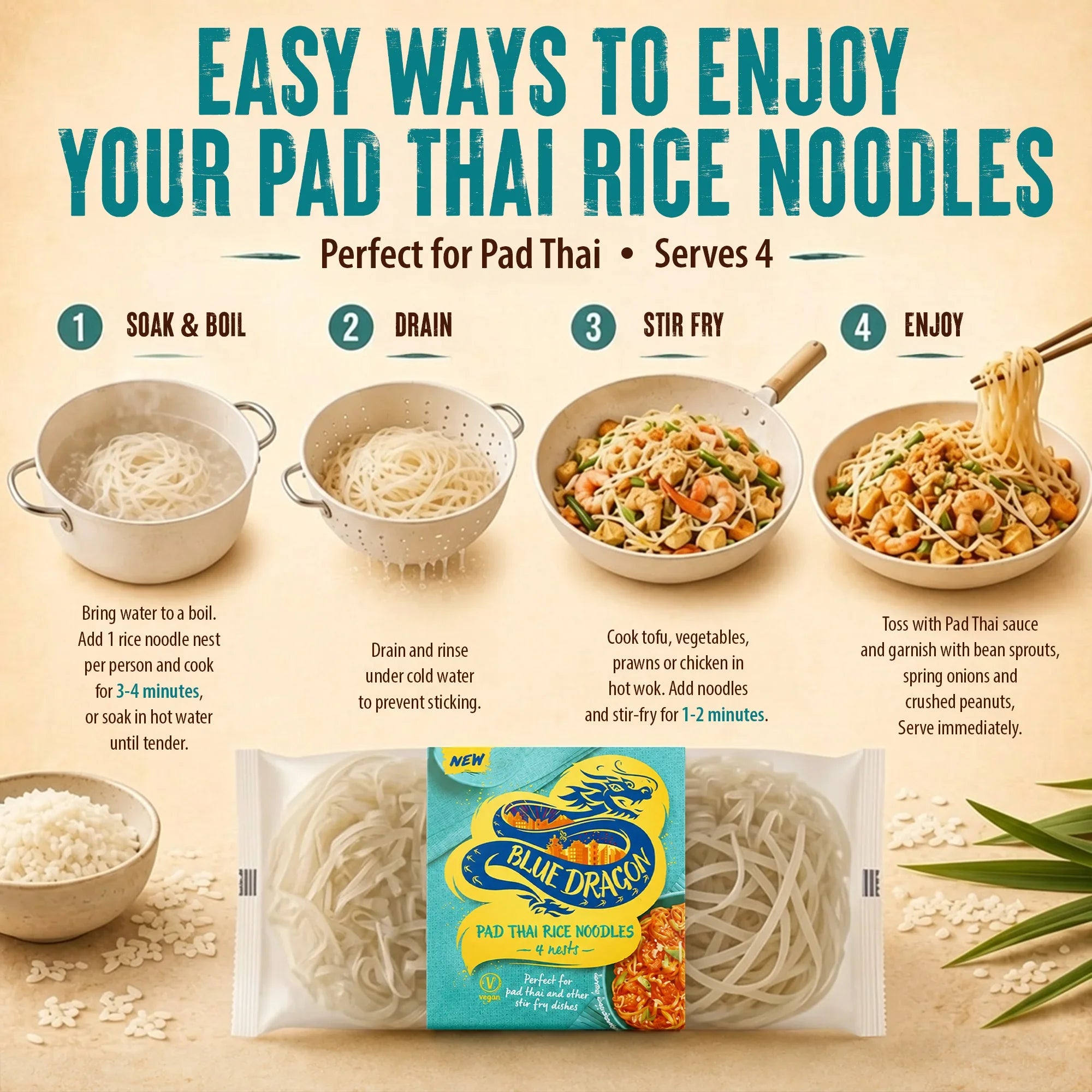 Blue Dragon Pad Thai Rice Noodles preparation steps for stir-fry dishes with tofu, prawns, and veggies