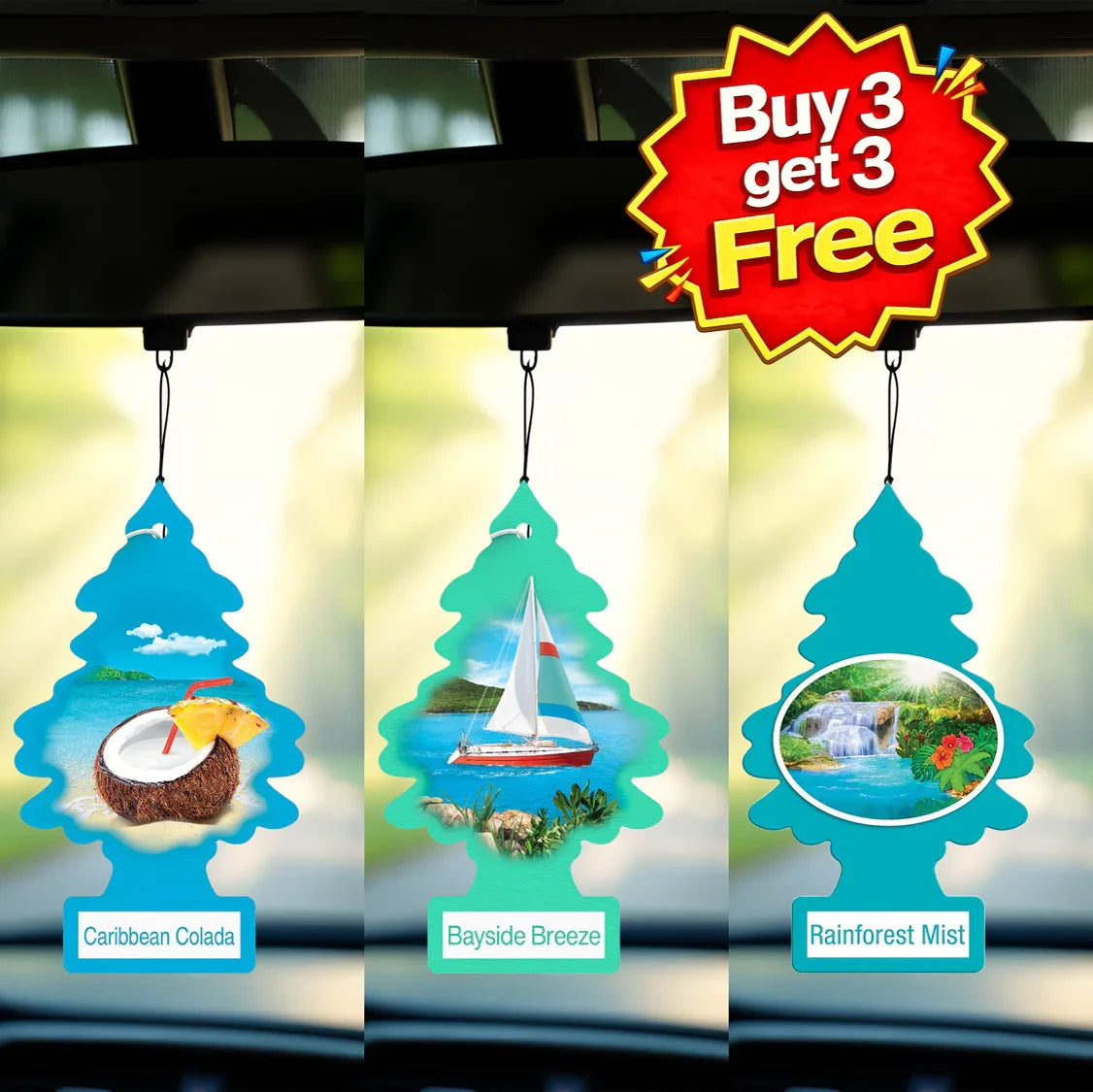 Little Trees Hanging Air Freshener Variety Pack – Buy 3 Get 3 Free (6 Pack, Rainforest Mist, Caribbean Colada & Bayside Breeze)
