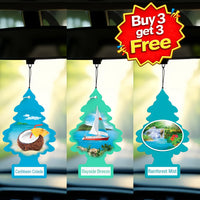 Car air fresheners with Caribbean Colada, Bayside Breeze, Rainforest Mist scents, Buy 3 Get 3 Free offer