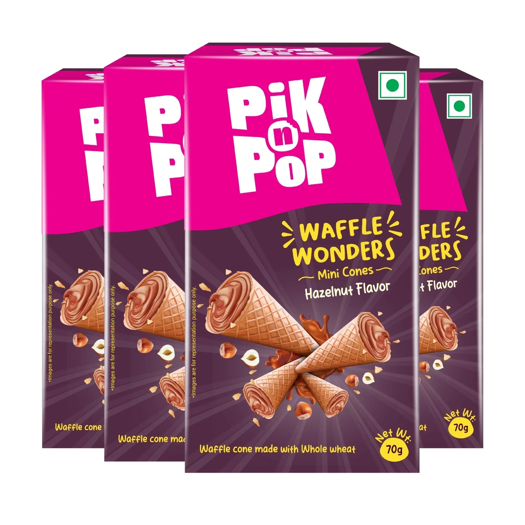 Pack of four Pik n Pop Waffle Wonders mini cones hazelnut flavor boxes, 70g each, whole wheat cones