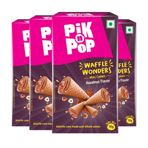 Pack of four Pik n Pop Waffle Wonders mini cones hazelnut flavor boxes, 70g each, whole wheat cones