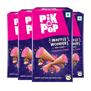 Pack of Pik n Pop Waffle Wonders mini cones, strawberry flavor, with waffle cones and strawberries on the box