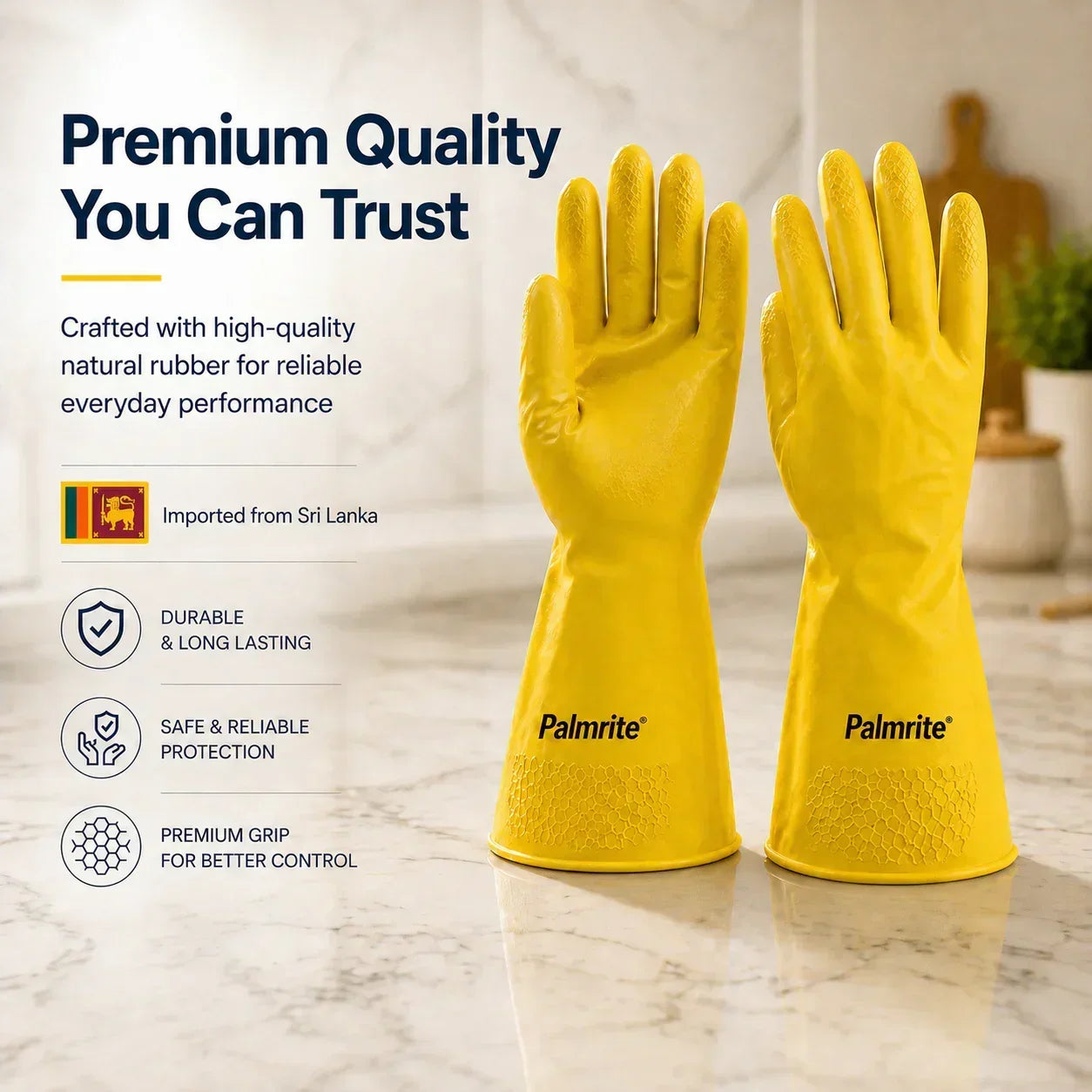 Yellow Palmrite rubber gloves for kitchen cleaning, durable and imported from Sri Lanka