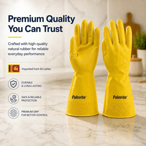 Yellow Palmrite rubber gloves for kitchen cleaning, durable and imported from Sri Lanka