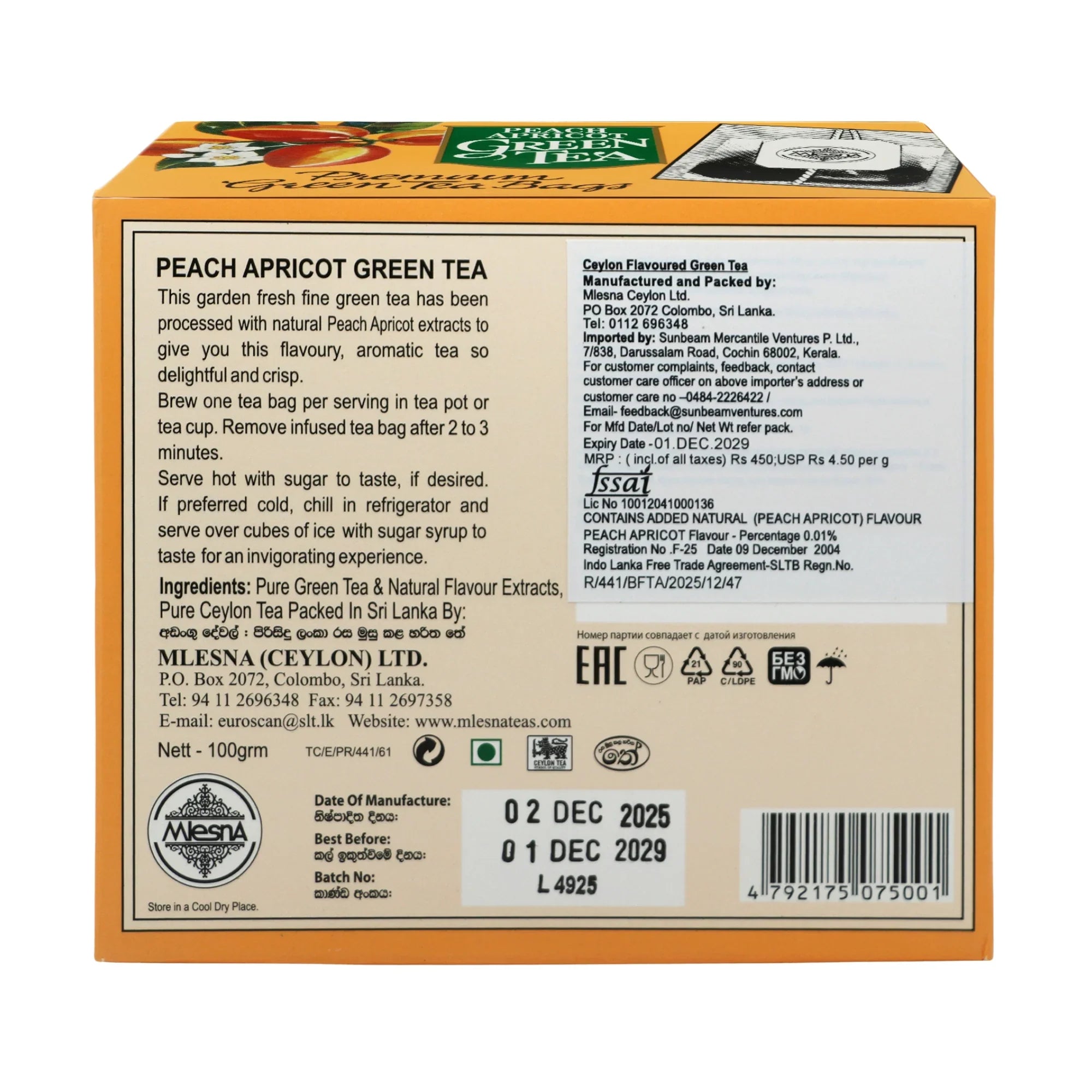 Back of Peach Apricot Green Tea box showing ingredients, directions, and product details