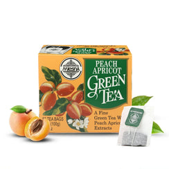 Peach apricot green tea box with apricots, green leaves, and a tea bag on white background