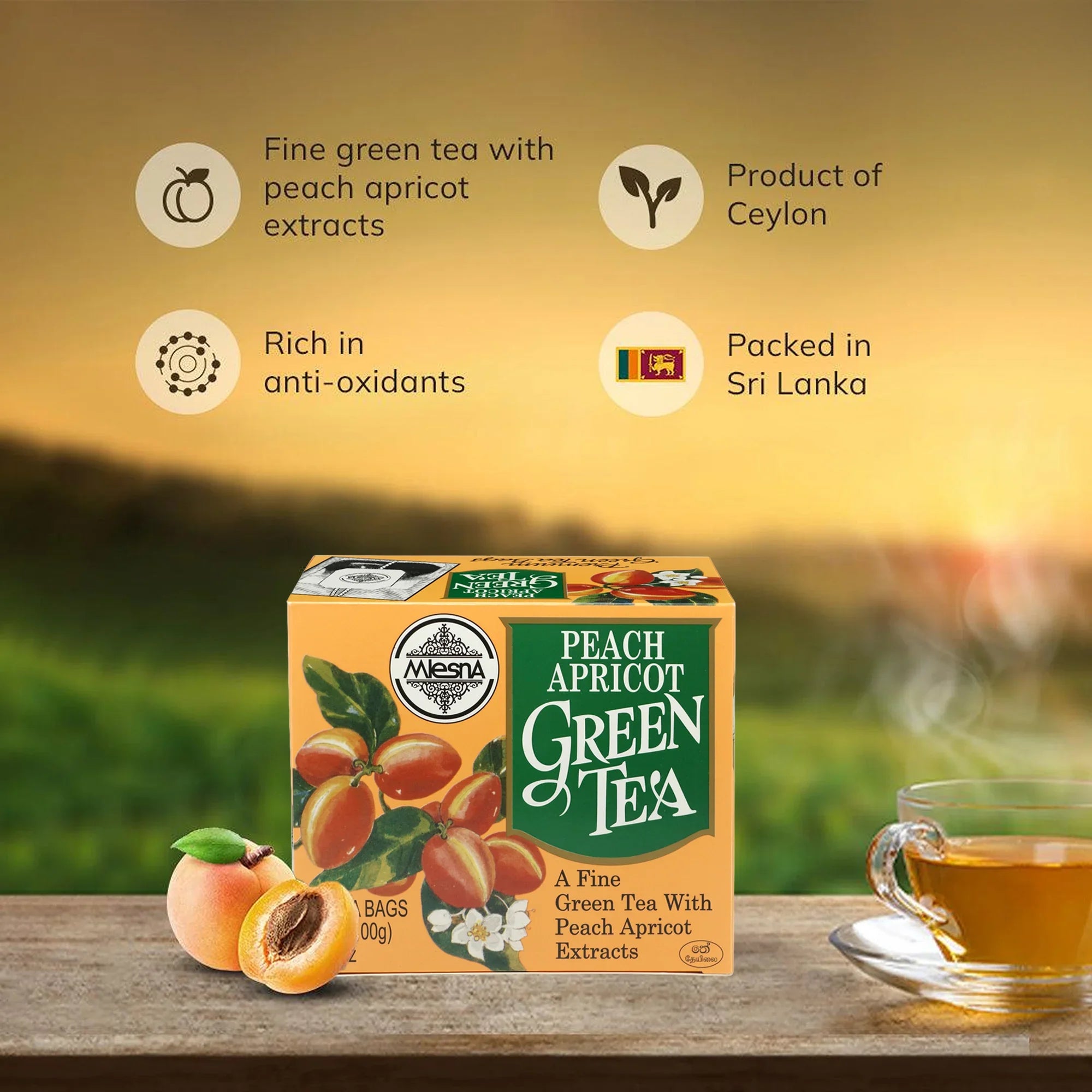 Box of peach apricot green tea with tea cup and apricots on a wooden table, sunset background.