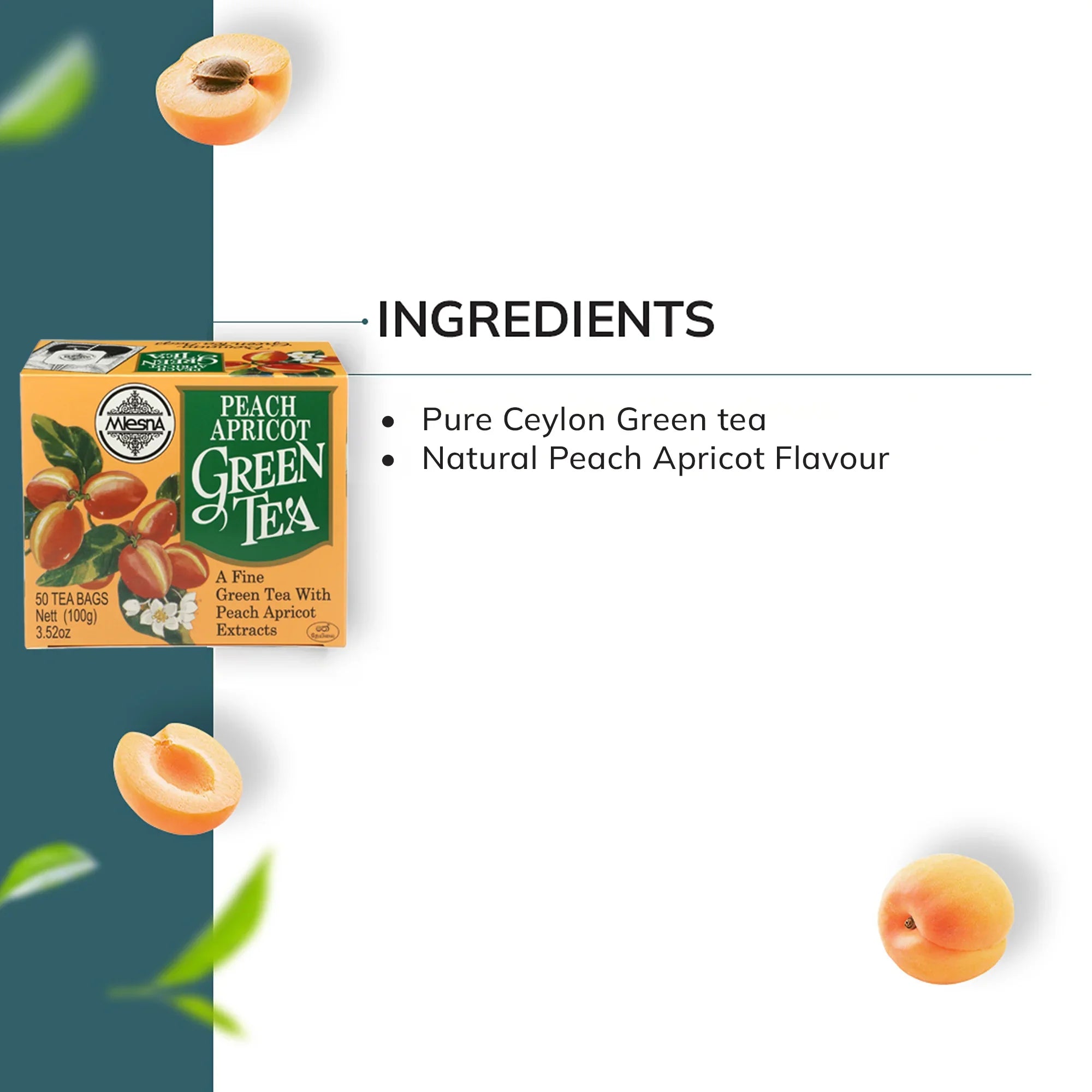 Peach apricot green tea box with ingredients list, fresh apricots, and tea leaves.