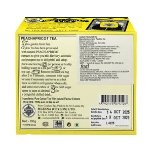 Back label of Peach Apricot Tea 100g, showing product description, ingredients, directions, and expiry information.