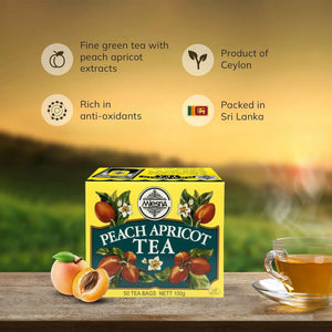 Peach Apricot Tea box with fresh peaches, tea cup, and Ceylon product highlights on table