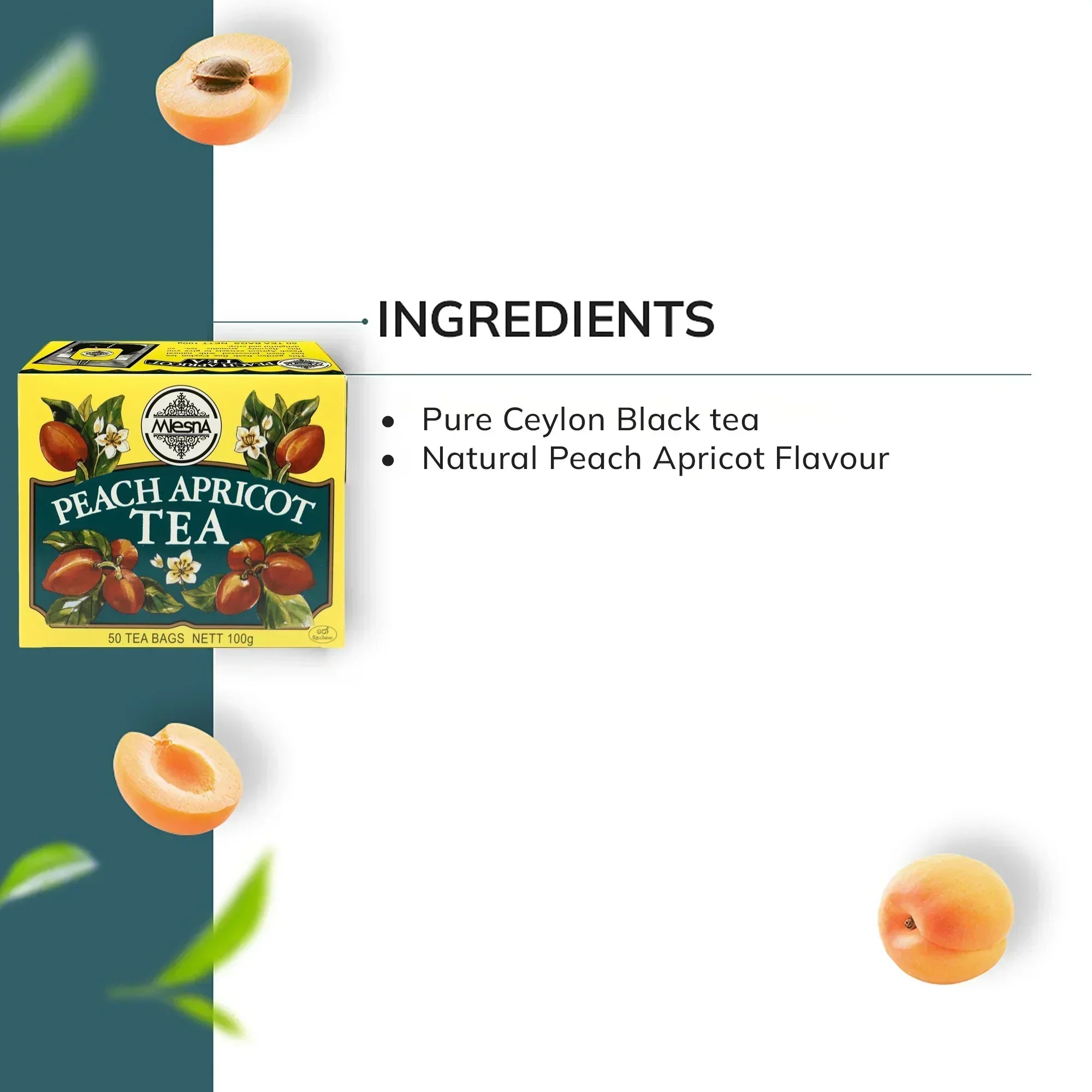 Peach Apricot Tea box with floating apricot slices, ingredients list, and Ceylon black tea.
