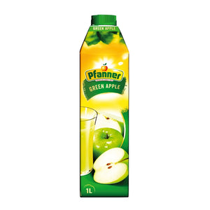 A carton of Pfanner Green Apple Juice with an image of an apple and slices of apple on the front.