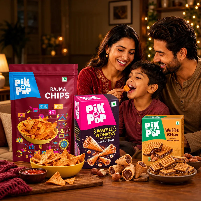 A happy family enjoying Pik Pop Rajma Chips and Waffle Bites snacks at home.