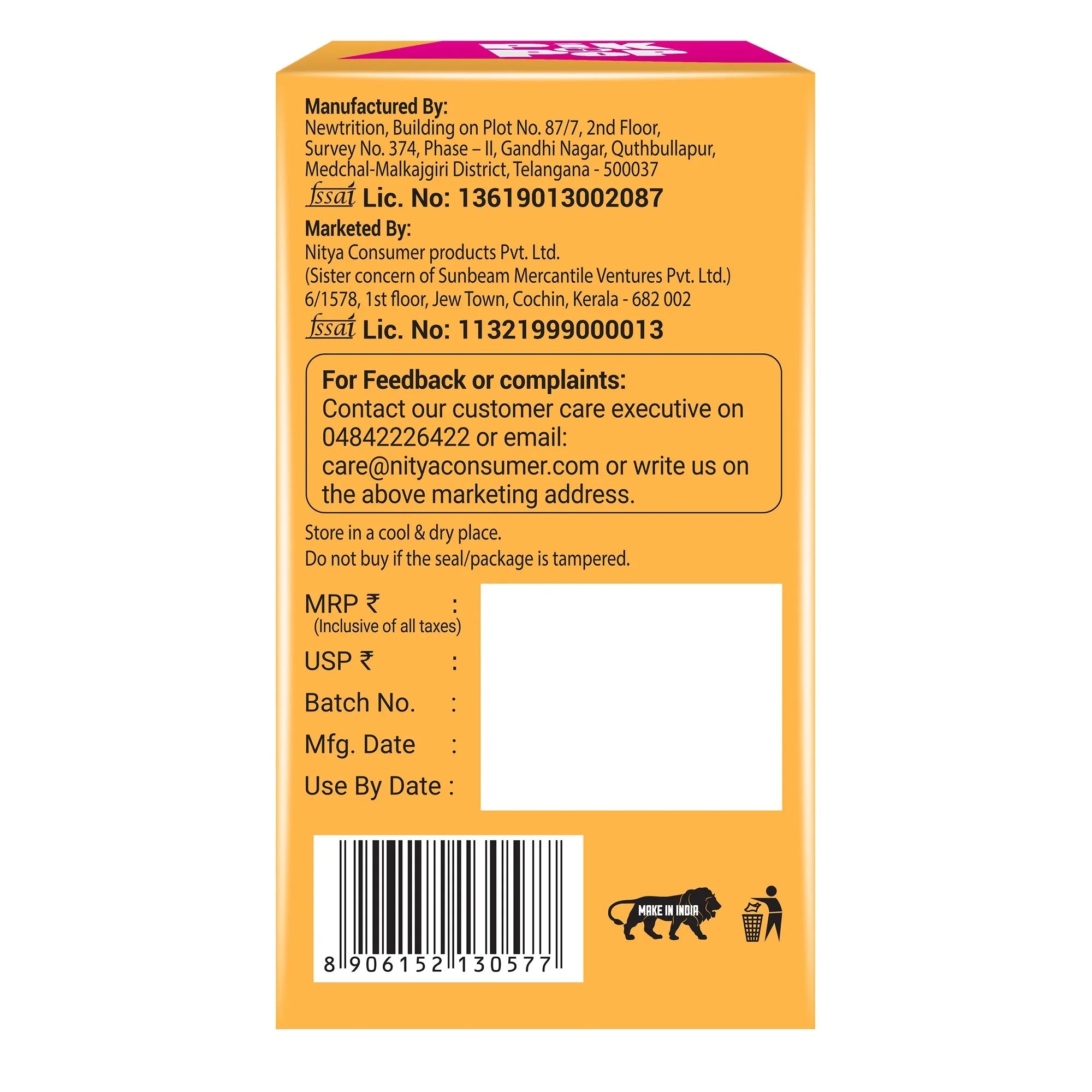 Back side of almond snack packaging with manufacturing details, contact info, FSSAI numbers, barcode, and storage instructions.