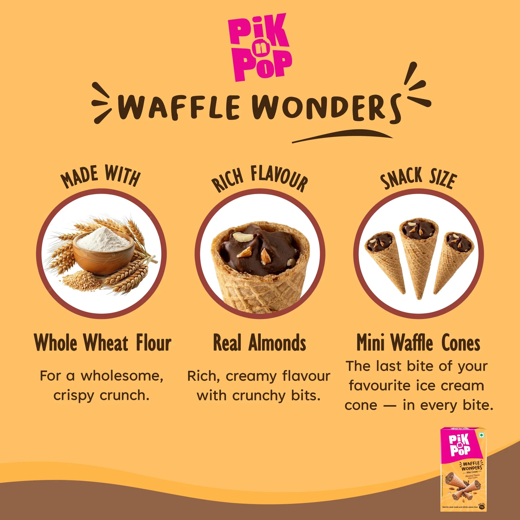 Pik n Pop Waffle Wonders mini cones with real almonds, whole wheat flour, snack size, product highlights.