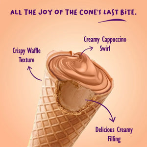 Cappuccino-flavored creamy swirl in a crispy waffle cone with creamy filling inside.